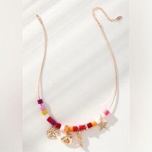 Anthropologie Beaded Charm Necklace Gold Pink NWT/FLAWED